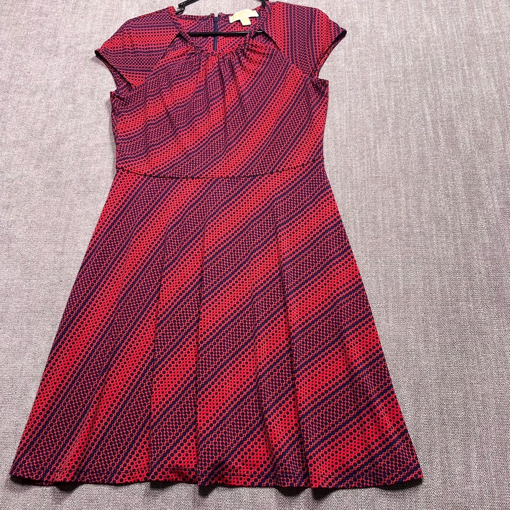 Michael Kors Fit & Flare Dress Womens Medium Navy Red Tile Dot Print Casual